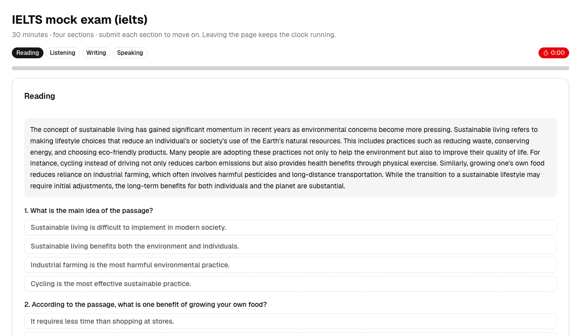An IELTS mock exam reading section, AI-generated